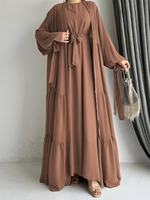 Robe-veste unie K-80 Dubaï grande taille avec manches bouffantes, ensemble modeste deux pièces pour femmes arabes, turques et musulmanes