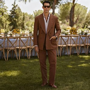Costume <span class=keywords><strong>homme</strong></span> en lin marron, blazer croisé à revers larges et pointus, pantalon, ensemble 2 pièces, tenue formelle d'été pour marié, plage ou extérieur - Product Image 1