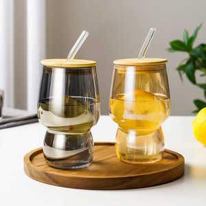 Amber Gold Waved Shape Design Ribbed Drinking Glass Iced Straw Tea Beer Boba Soda Can Tumbler Cup Coffee Cups with Lid and Straw - Product Image 4