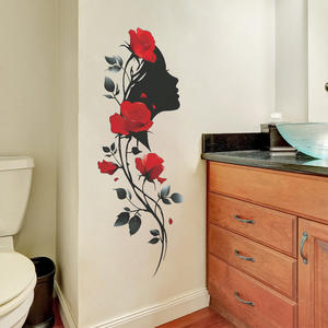 Autocollants muraux personnalisés en forme <span class=keywords><strong>de</strong></span> rose <span class=keywords><strong>rouge</strong></span>, feuille noire, silhouette <span class=keywords><strong>de</strong></span> fille, autocollant mural imperméable pour <span class=keywords><strong>salle</strong></span> <span class=keywords><strong>de</strong></span> <span class=keywords><strong>bain</strong></span>, cuisine, réfrigérateur - Product Image 2