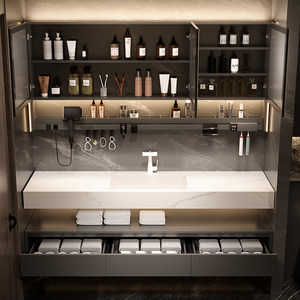 Modern Luxury Bathroom Vanity <b>Set</b> with Smart MirrorAnd Stone Basin 60 In Rectangular Minimalist Design Polished Finish - Product Image 4