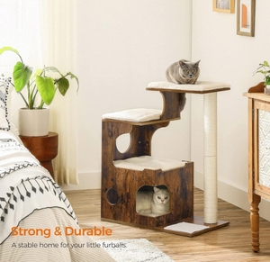 Tour à chat en bois moderne avec 3 lits, poteaux en sisal, fausse fourrure moelleuse, griffoir écologique, emballé en carton, pour usage intérieur et extérieur - Product Image 6