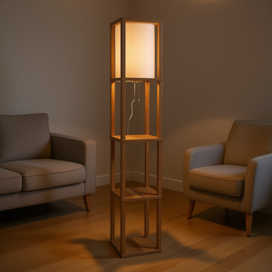 Lámpara de pie Pinnacle de madera natural, gran pantalla rectangular beige de papel, diseño moderno para dormitorio, sala de estar, luz LED 2700K - Product Image 2