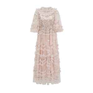 Dulce elegante vestido de cintura media Europeo Americano punto bordado malla <span class=keywords><strong>rosa</strong></span> hasta la rodilla mariposa XS para organizar banquetes fiestas - Product Image 6