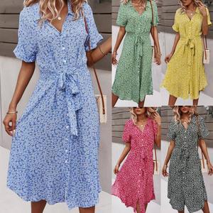 Vente directe d'usine Robe mi-longue à ceinture à manches courtes à fleurs pour femmes Robe décontractée pour femmes - Product Image 2