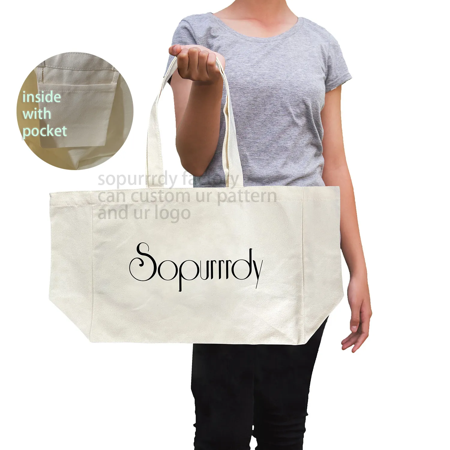 Individuelles Logo Druck schwere Tote-Tasche mit Tasche für Damen Stoff Guss-Totes-Tasche mit Muster für Einkauf Geschenk