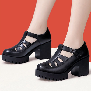 Verano <span class=keywords><strong>Suela</strong></span> blanda Tacón alto y grueso Zapatos de verano para mujer Cuero Madre Bao Toe Sandalias - Product Image 6