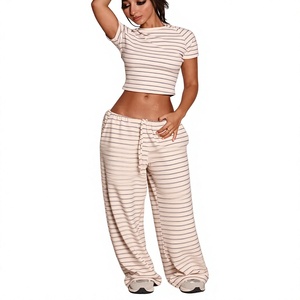 Custom Logo Women's Striped Printed Oversized Wide Leg Flare Pants & Cropped Short Sleeve T-Shirt Set Poly/Cotton 240 GSM Knit - Product Image 4