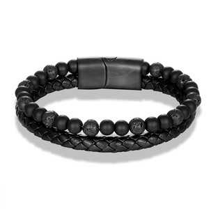 Black Braided Leather <b>Beaded</b> <b>Bracelet</b> For <b>Men</b> Natural Agate Stone Classic Adjustable Fashion Jewelry Gift - Product Image 2