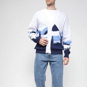 Design personnalisé Cardigan à col en V en jacquard des montagnes enneigées Pull décontracté ample pour hommes, Pull élégant en mélange de laine brillante pour hommes - Product Image 1