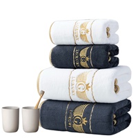 Lot de 4 serviettes de bain en polaire corail pour la vente en gros transfrontalière, absorbantes, douces, avec ailes brodées de fil doré, haut de gamme, pour usage domestique et hôtelier