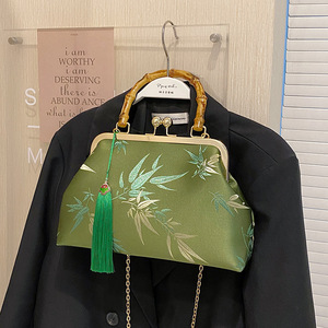 Chinese Style Shell Bag Bamboo Handle Green Leaf Pattern Chain Tassel Crossbody Bag For Women - Product Image 1
