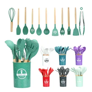 Non-Stick Heat Resistant Cooking Tools Wooden Handle Unique Products 12Pcs Sets Silicone Kitchenware Utensil