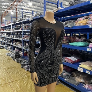 Envío Rápido CY902199 Vestido Mini Negro <span class=keywords><strong>de</strong></span> Manga Larga con Malla y Pedrería, Vestido <span class=keywords><strong>de</strong></span> Fiesta para Mujer - Product Image 3