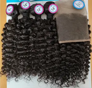 Wholesale Blend Hair Bundles With 4*4 Closure Set Kinky Curl Natural Color Cheap Brazilian Hair Bundles Set For Black Women