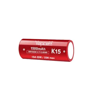 vapcell INR18500 K15 1500mah 15a 25a 3.6V rechargeable 18500 li-ion batteries for flashlight battery pack