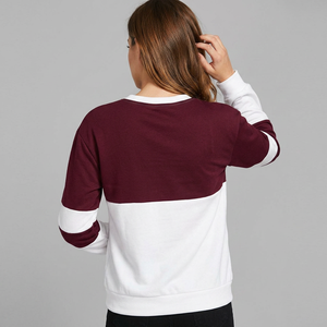Pull à col rond pour femme, à blocs de couleur, manches longues, décontracté, en coton tricoté, hiver, 120g, blanc et bordeaux - Product Image 2