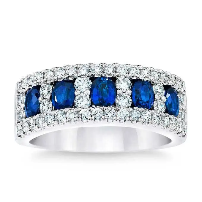 Firstmadam Blue Sapphire and Diamond 14kt White Gold Ring Wedding Band Ring