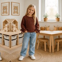 Pull-over en tricot à col rond marron pour enfants avec logo personnalisé, manches longues à nœud, en polyester, mignon, décontracté, automne-hiver, vente en gros