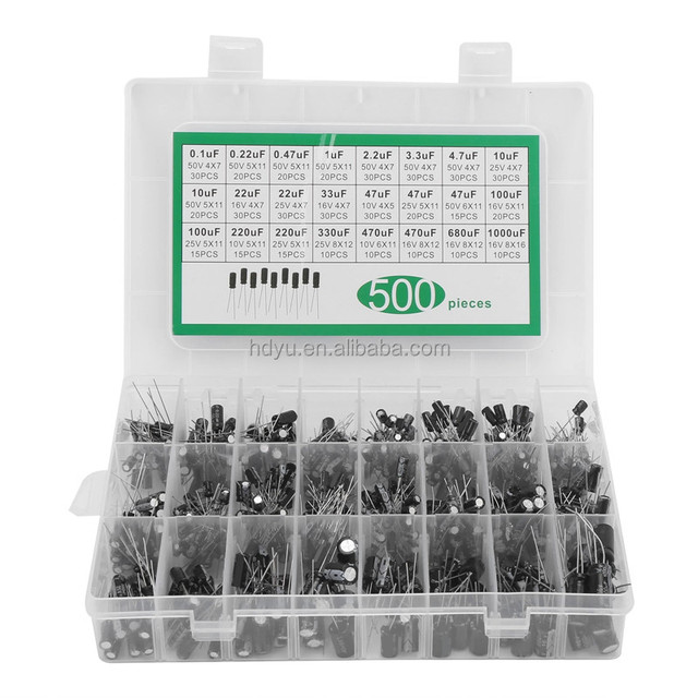 24 Types of Capacitors Commonly Used 500pcs In-line Electrolytic Capacitor Sample Package Kit 0.1uF-1000uF 16V-50V