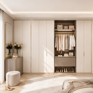 Dressing intégré moderne sur mesure avec zones de suspension, rangements à tiroirs et meuble-lavabo intégré, fabriqué sur commande - Product Image 6