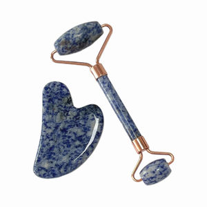 Boîte personnalisée Rouleau pour le visage en jaspe à taches bleues et rouleau de jade en aventurine bleue Ensemble Gua Sha pour massage du visage - Product Image 5