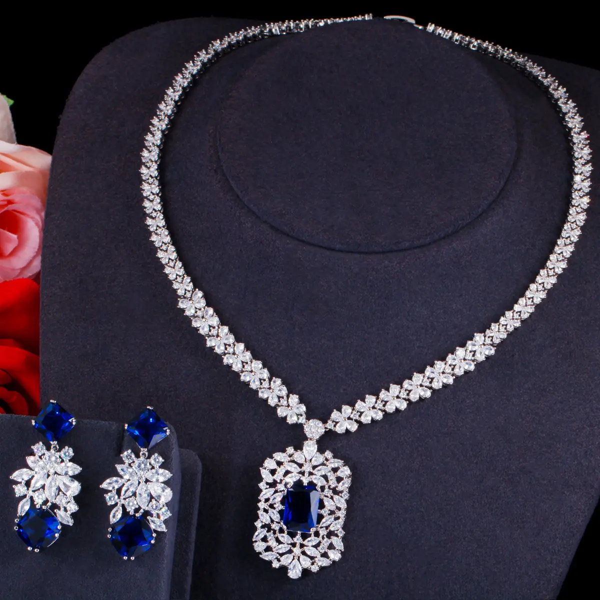 White Gold Color Blue Shiny Cubic Zircon Stone Indian Women Luxury Wedding Necklace and Earrings Costume Jewelry Set for Brides