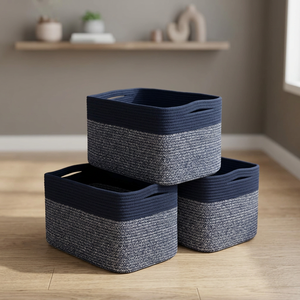 Modern Rectangle Rope Storage <b>Baskets</b> with Handles <b>Stackable</b> for Multi-Purpose Neatening Use Navy Blue and Gray - Product Image 3
