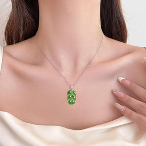 Pendentif en jaspe de jade naturel de Hotan, feuille, incrustation argent 925, accessoires féminins tendance et simples, avec certificat d'expertise D865 - Product Image 5