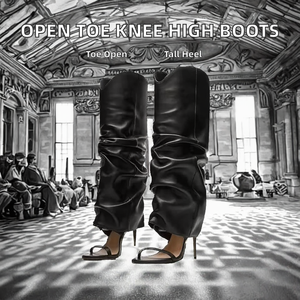 Bottines Western pour femmes, à bout ouvert, à enfiler, à hauteur du genou, avec tige plissée et talons hauts - Product Image 2