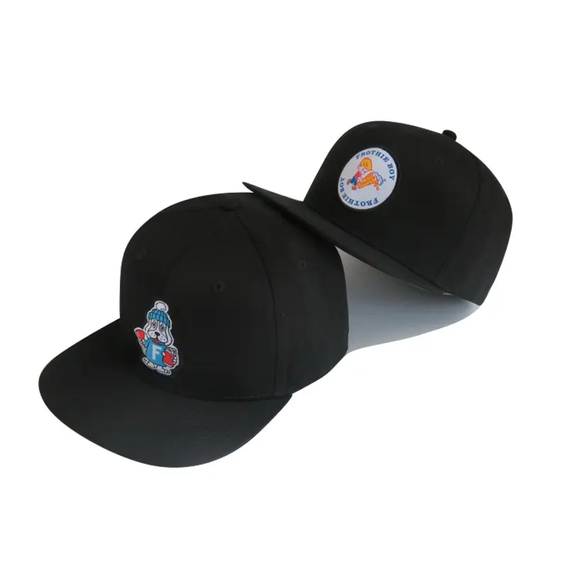 Custom black 6 panel short flat brim woen label with embroidery edge snapback cap ball cap