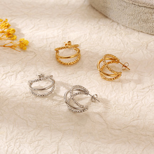 Boucles d'oreilles créoles doubles en or 14 carats au design simple pour femmes, clous géométriques délicats, bijoux <span class=keywords><strong>de</strong></span> mode, <span class=keywords><strong>cadeau</strong></span> - Product Image 4