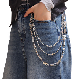 Cadena de cintura punk de tres capas con cuentas redondas de plata tibetana, estilo motociclista unisex informal para jeans - Product Image 1