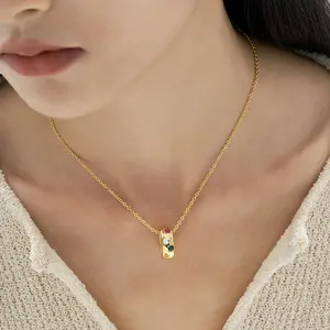 Dainty Paved Colorful Zircon Irregular 925 Silver 18K Gold Plated Hollow Circle Pendant Necklace For Couple