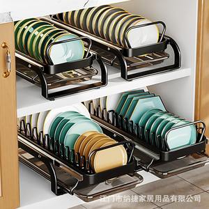 ชั้นวางจานแบบดึงออกได้ สีดำ ขนาดกลาง ชั้นเดียว สำหรับจัดเก็บในตู้ พร้อมถาดรองน้ำและที่ใส่ตะเกียบ - Product Image 3