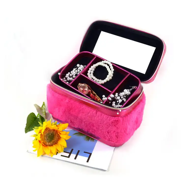 Travel Purse Cosmetic Double Layer Portable Travel Box Make Up Organizer Logn Warm Fur Vanity Case / Vanity Makeup Box