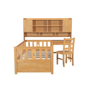 เตียงไม้จริงขนาดทวินไซส์ทันสมัยพร้อมชั้นวางหนังสือในตัว โต๊ะเขียนหนังสือ และเก้าอี้เข้าชุด พร้อมที่เก็บของ - Product Image 3