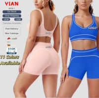 Conjunto de yoga de 2 piezas con ribetes en contraste, sujetador deportivo con cuello en V, pantalones cortos de ciclista de cintura alta con costura en forma de corazón y efecto levantacola, conjunto de entrenamiento, 11 colores