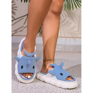 Wholesale Cartoon Shark Linen Slippers For Women 4 Seasons Home Use Lady Thick Bottom Couple Fuzzy Slippers Spring Christmas