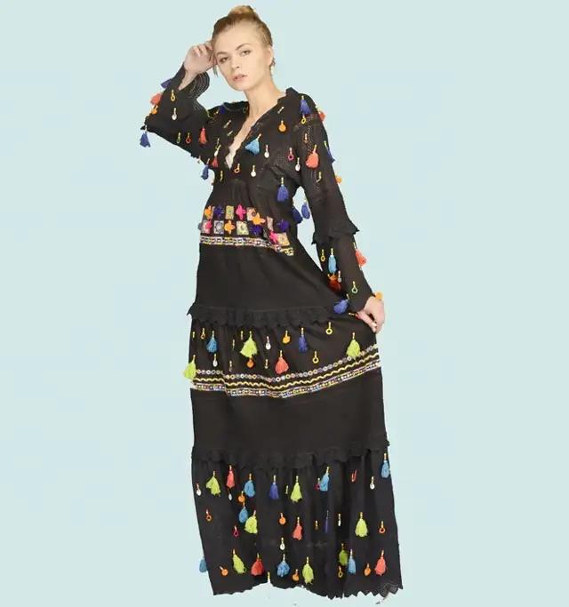 Nuevas llegadas étnico bohemio tradicional exclusivo negro clásico de moda de diseñador de largo vestido de las mujeres ropa Casual