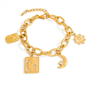 Fashion Charm <b>Bracelet</b> 18K Gold Plated Heart <b>Flower</b> Moon Pendant Unisex Jewelry Gift Yiwu Origin SL41432 - Product Image 5
