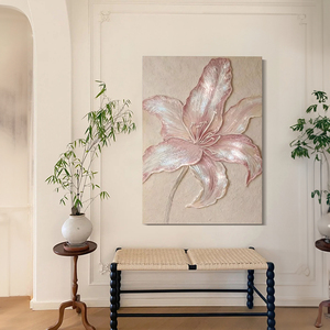 Peinture à l'huile 3D texturée épaisse, Lys rose peint à la main, Effet nacré scintillant, Art floral sur toile, <span class=keywords><strong>D</strong></span>écoration murale crème Wabi Sabi pour chambre à coucher - Product Image 3