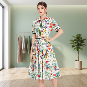 Vestido de Fiesta de Verano 2026 de Alta Calidad, Nuevo, para Mujer, Cintura Imperio, Cuello Camisero, Estampado Floral Colorido, Manga Corta, Largo Midi - Product Image 2
