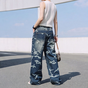 Jeans déchirés style streetwear rétro à imprimé camouflage pour hommes, pantalon ample tendance style hip-hop à jambes larges - Product Image 2