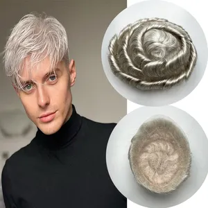 Wholesale 100% Human Hair Replacement System Lace and PU Around Base Toupee Natural Curly Grey Hair Men Toupee