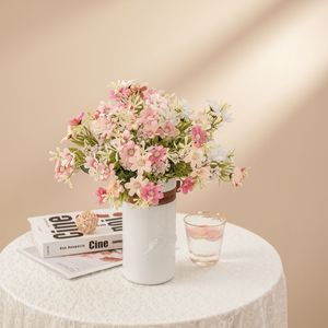 Bouquet de fleurs artificielles CallaFloral, 7 têtes de chrysanthèmes flocon de neige avec herbe, blanc, rose, jaune, bleu, décoration de mariage et de maison - Product Image 1