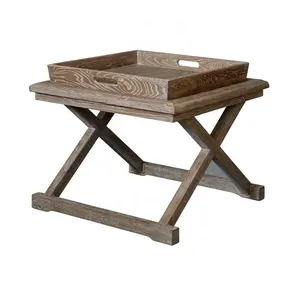 طاولة قهوة HL109-60 عتيقة مُصممة بأرجل طويلة مُصممة من الخشب الصلب بتصميم ريفي خشبي مع أطراف على شكل حرف X