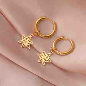 Boucles d'oreilles pendantes Myshape fleurs du mois de naissance pour femme, en acier inoxydable couleur or, créoles violettes, lotus, narcisse, bijoux cadeau - Product Image 1