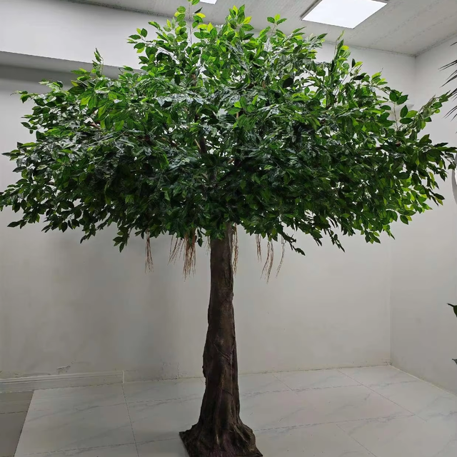 Artificial Ficus Tree with Natural Wood Trunk Silk Fake Ficus Tree Faux Plant Indoor Outdoor Decor Glass Fiber Banyan Tree