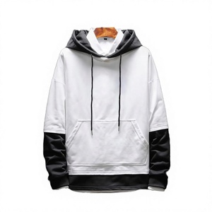 Sweat-shirt à capuche pour homme, blanc uni avec manches contrastantes noires, coupe décontractée, poche intégrée, idéal pour l'automne - Product Image 3